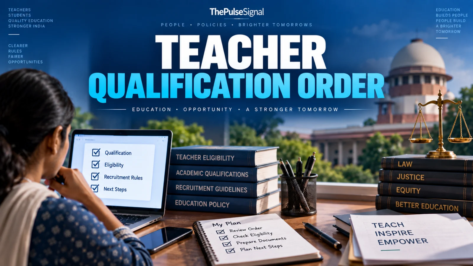 Editorial image of a teacher reviewing qualification requirements under a Supreme Court interim order