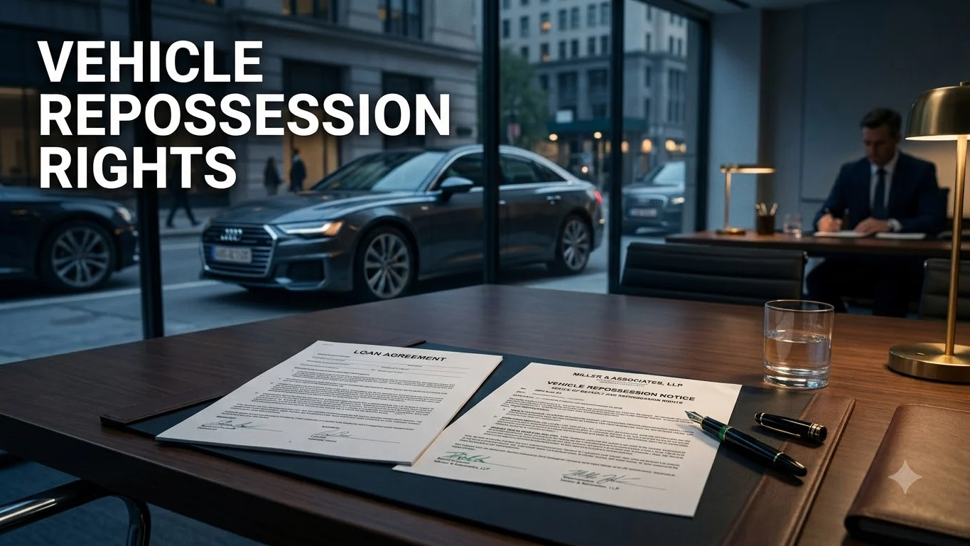 Borrower and lender vehicle repossession rights represented with a financed car and legal notice