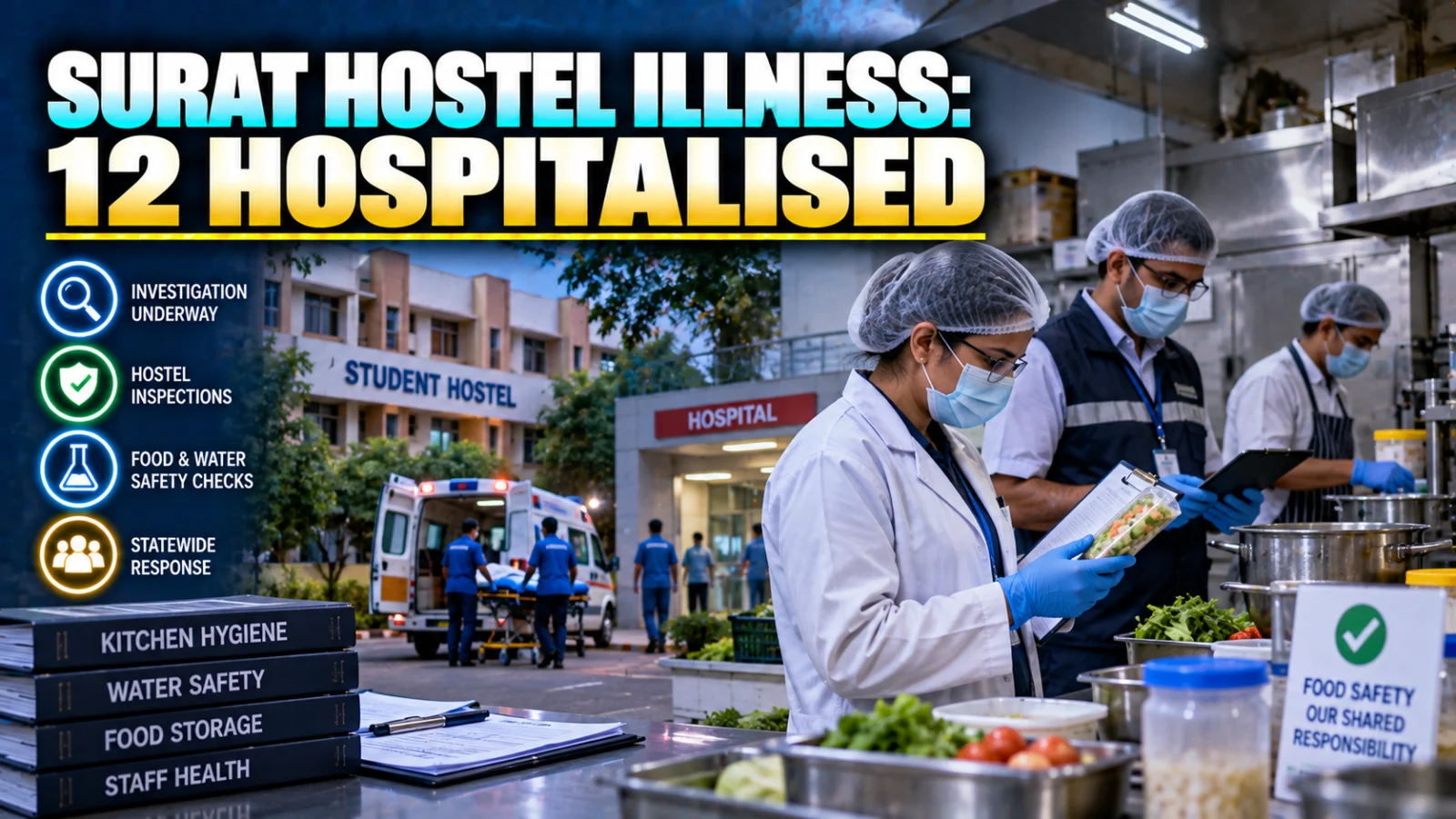 Health inspectors checking a Surat student hostel after 12 students were hospitalised