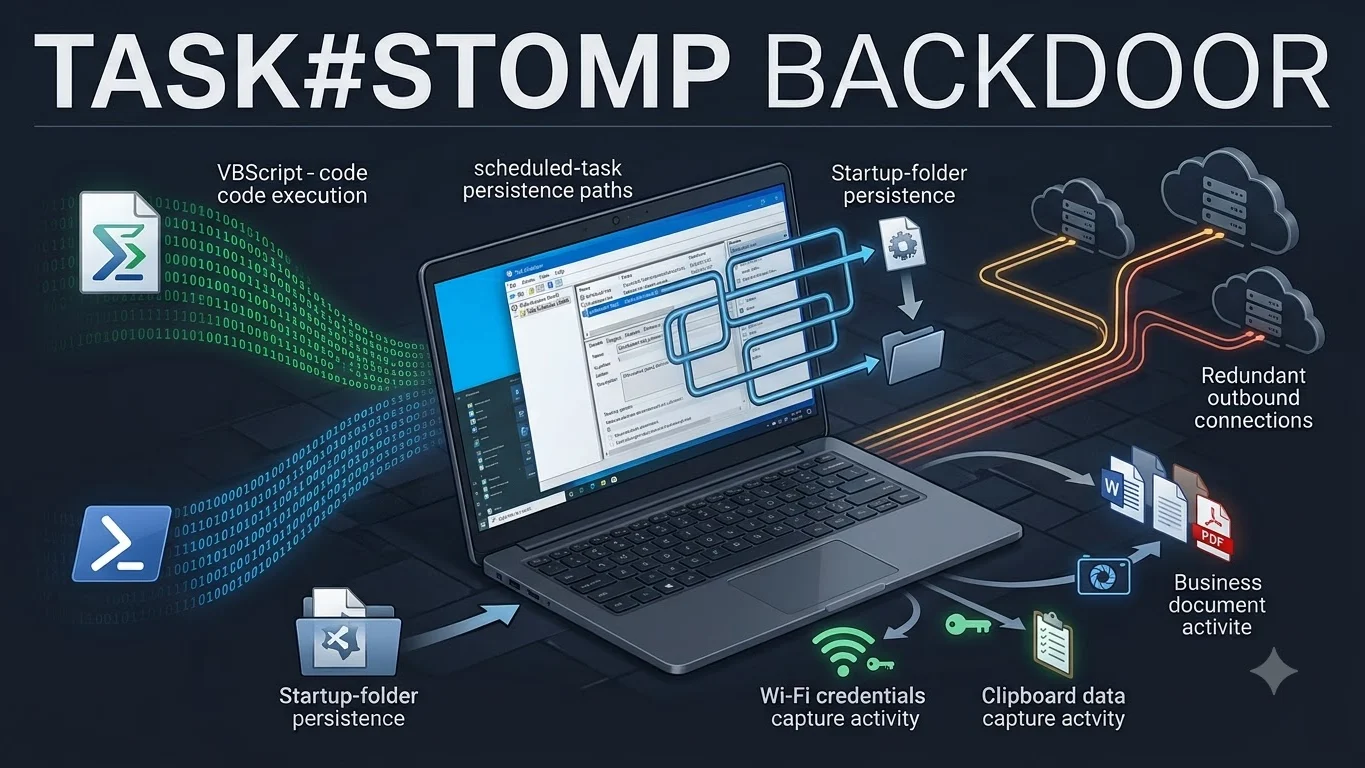 Windows endpoint showing TASK#STOMP-style PowerShell persistence and business-document theft