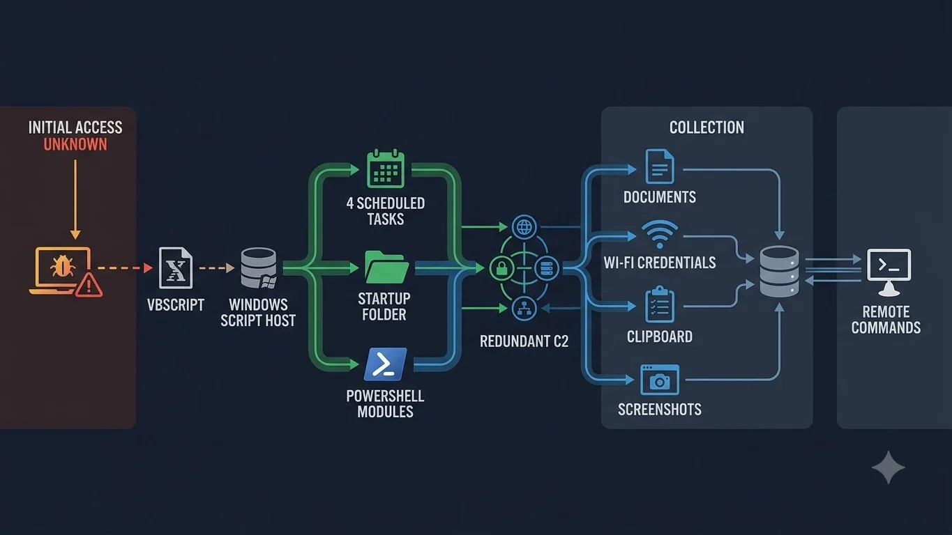 TASK#STOMP attack flow from VBScript execution through scheduled-task persistence, PowerShell collection and C2