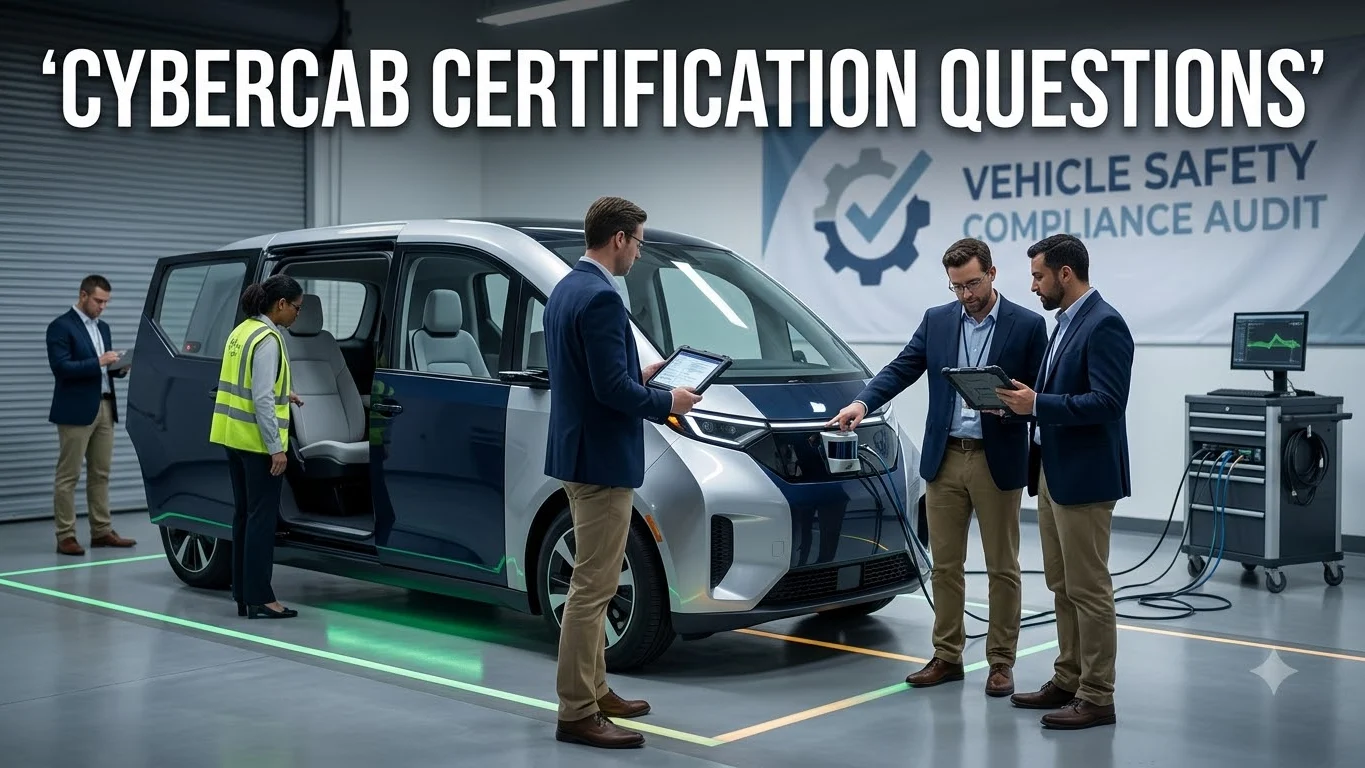 Editorial illustration of a Cybercab-style autonomous robotaxi under NHTSA certification review