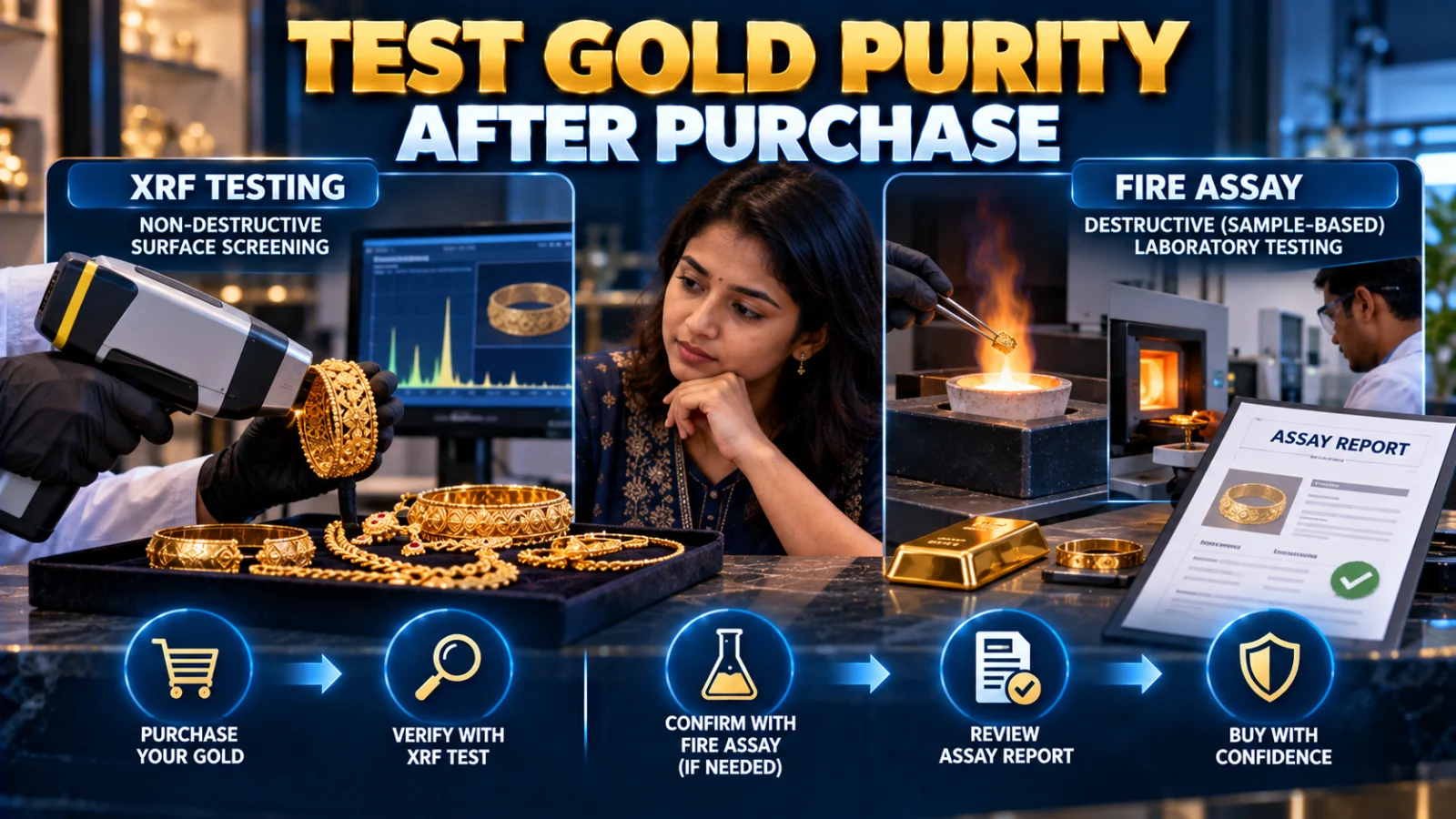 Indian jewellery owner reviewing gold jewellery, an XRF purity test and a laboratory assay report