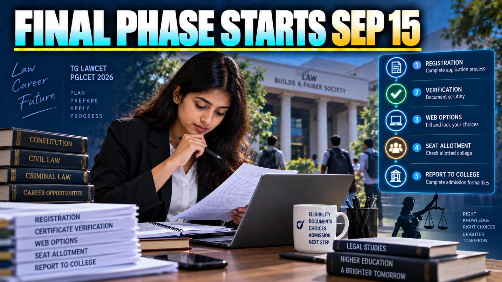 Law admission candidate checking final-phase counselling registration and eligibility