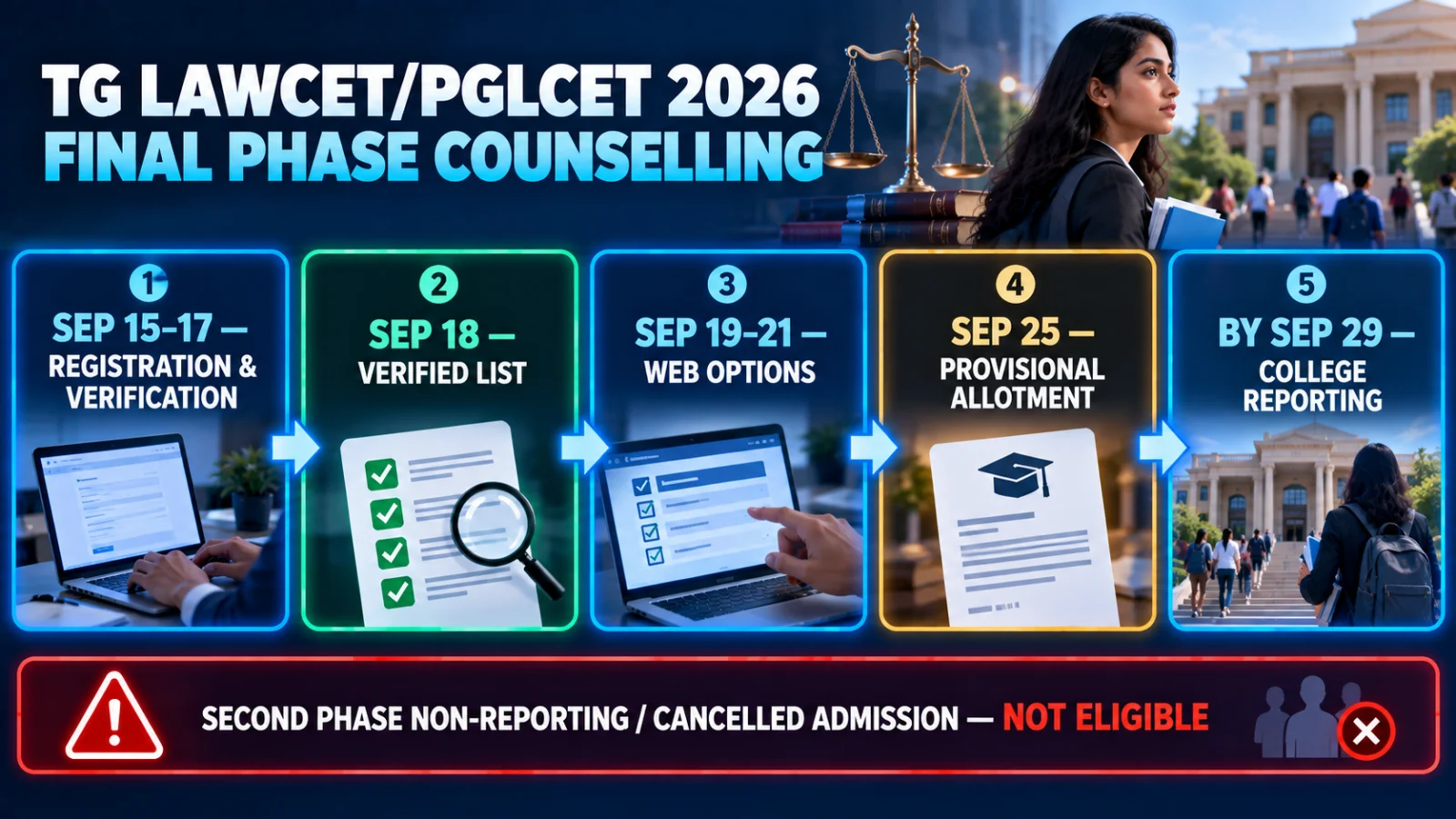 TG LAWCET and PGLCET final-phase counselling timeline from registration to college reporting