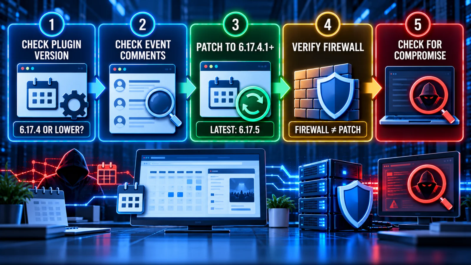 The Events Calendar RCE verification workflow for plugin version, event comments, patching and firewall protection