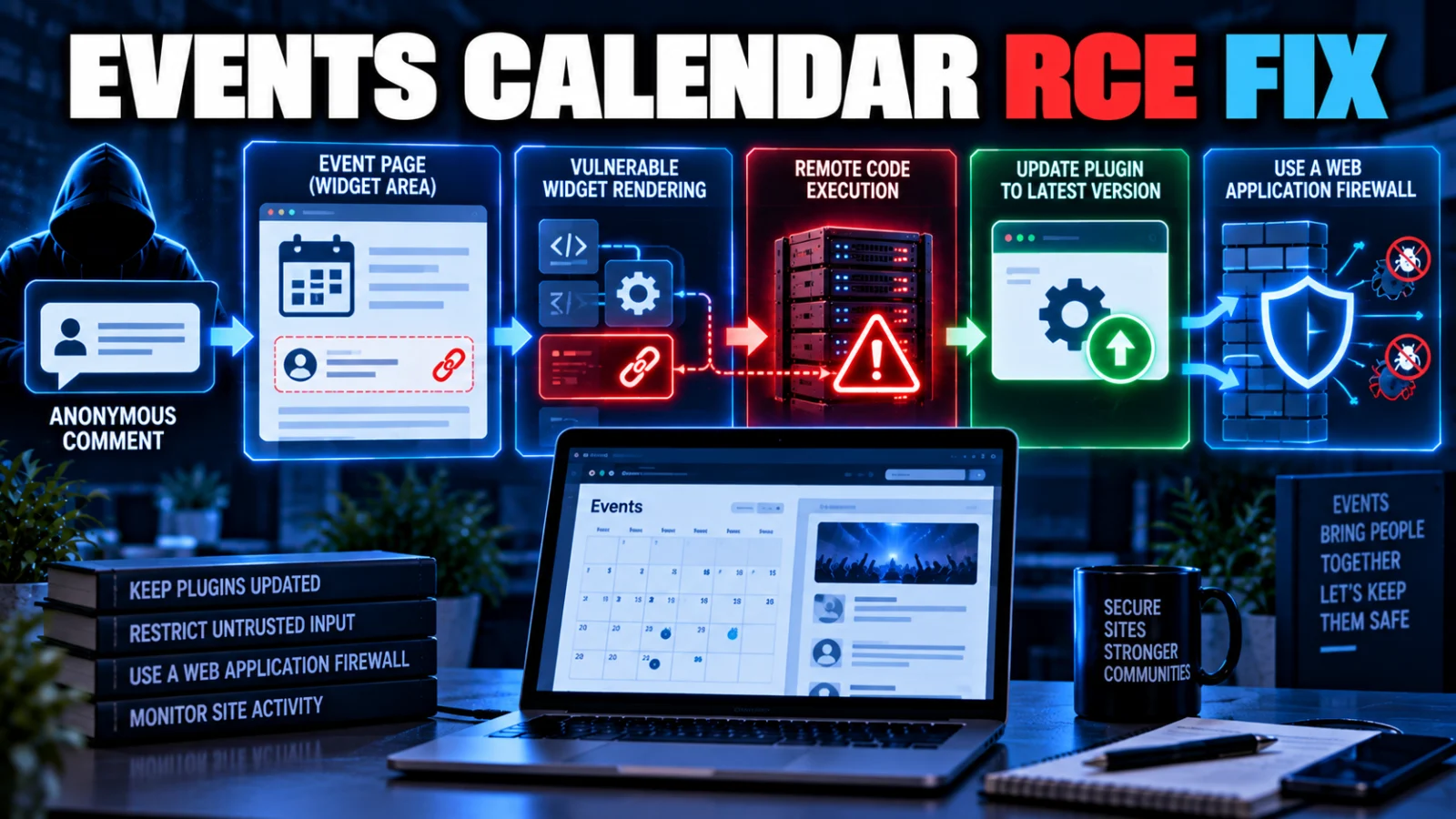 The Events Calendar RCE illustration showing an event comment attack path, vulnerable plugin and software patch