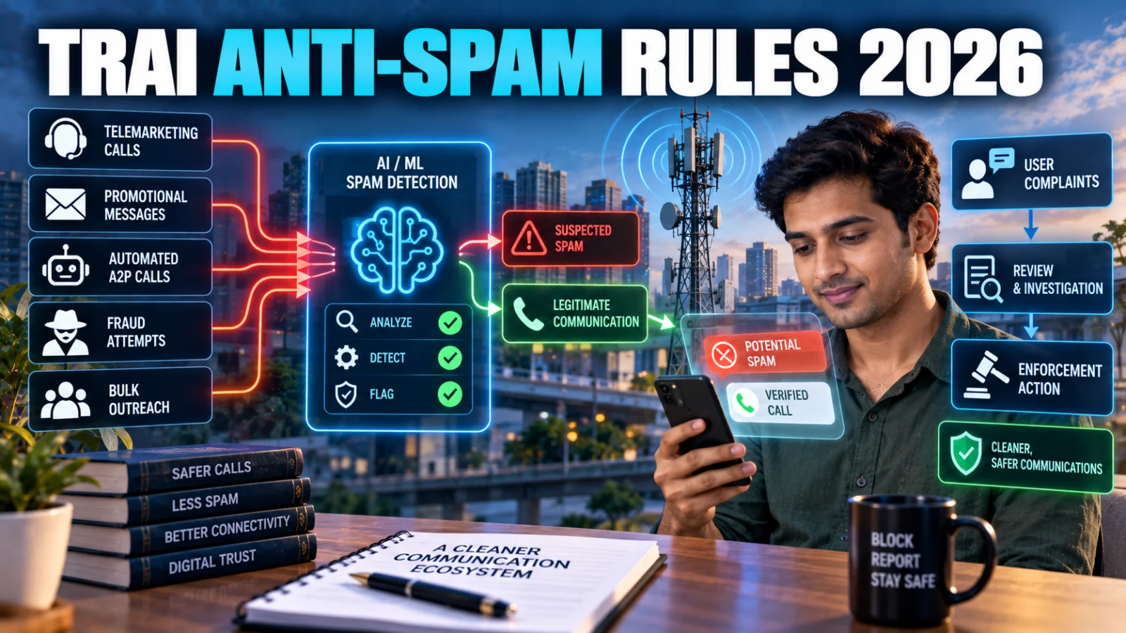 Editorial illustration of India’s new anti-spam framework with AI detection, A2P calls and complaint enforcement