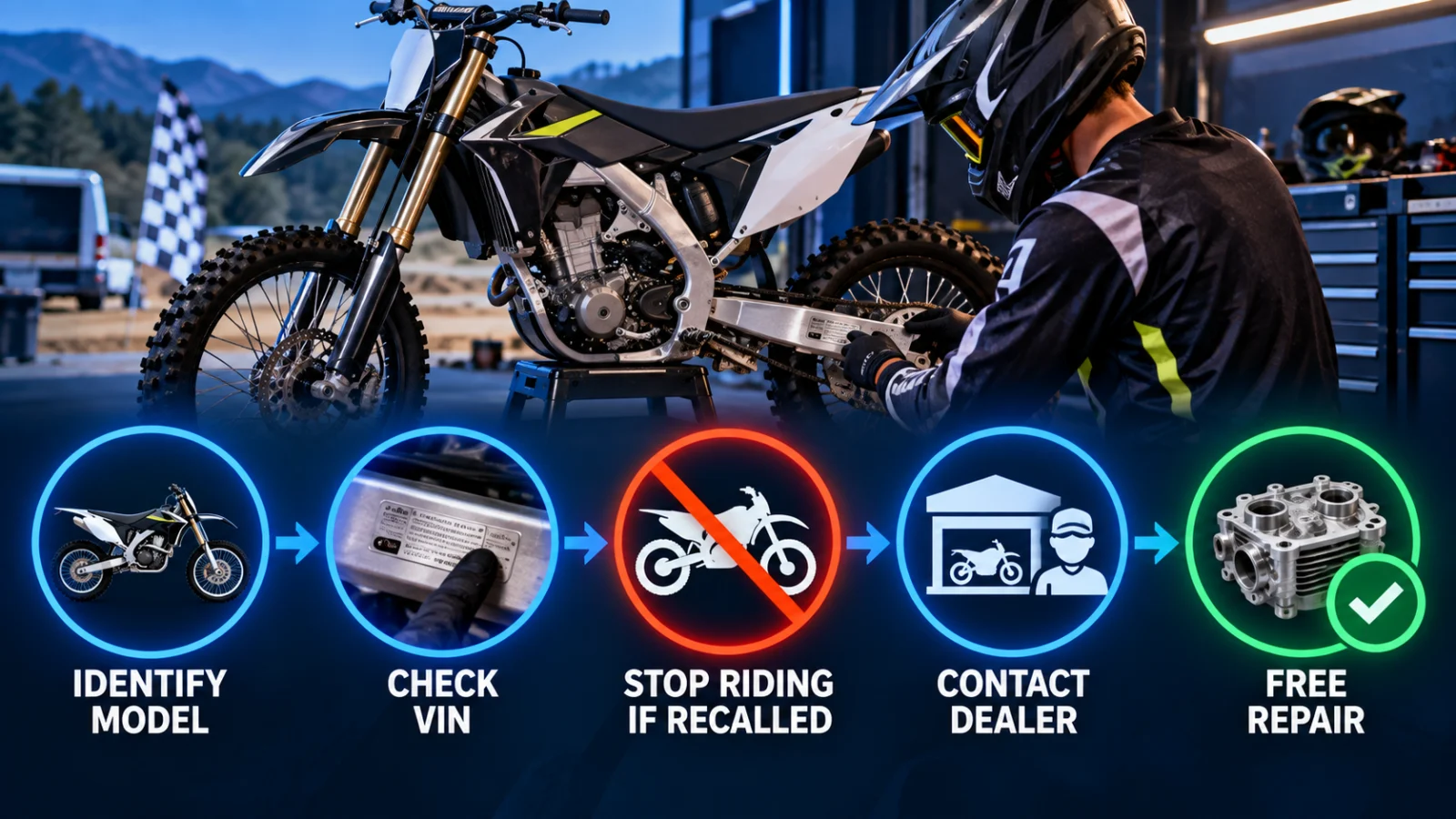 Decision path showing motorcycle identification, VIN check, stop riding and free dealer repair