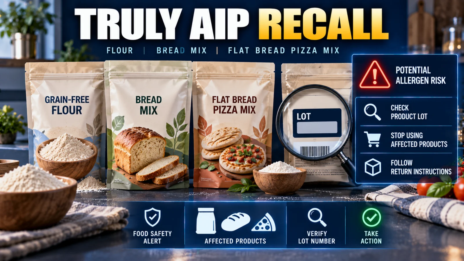 Flour and bread mix packages with allergen recall and product-verification cues