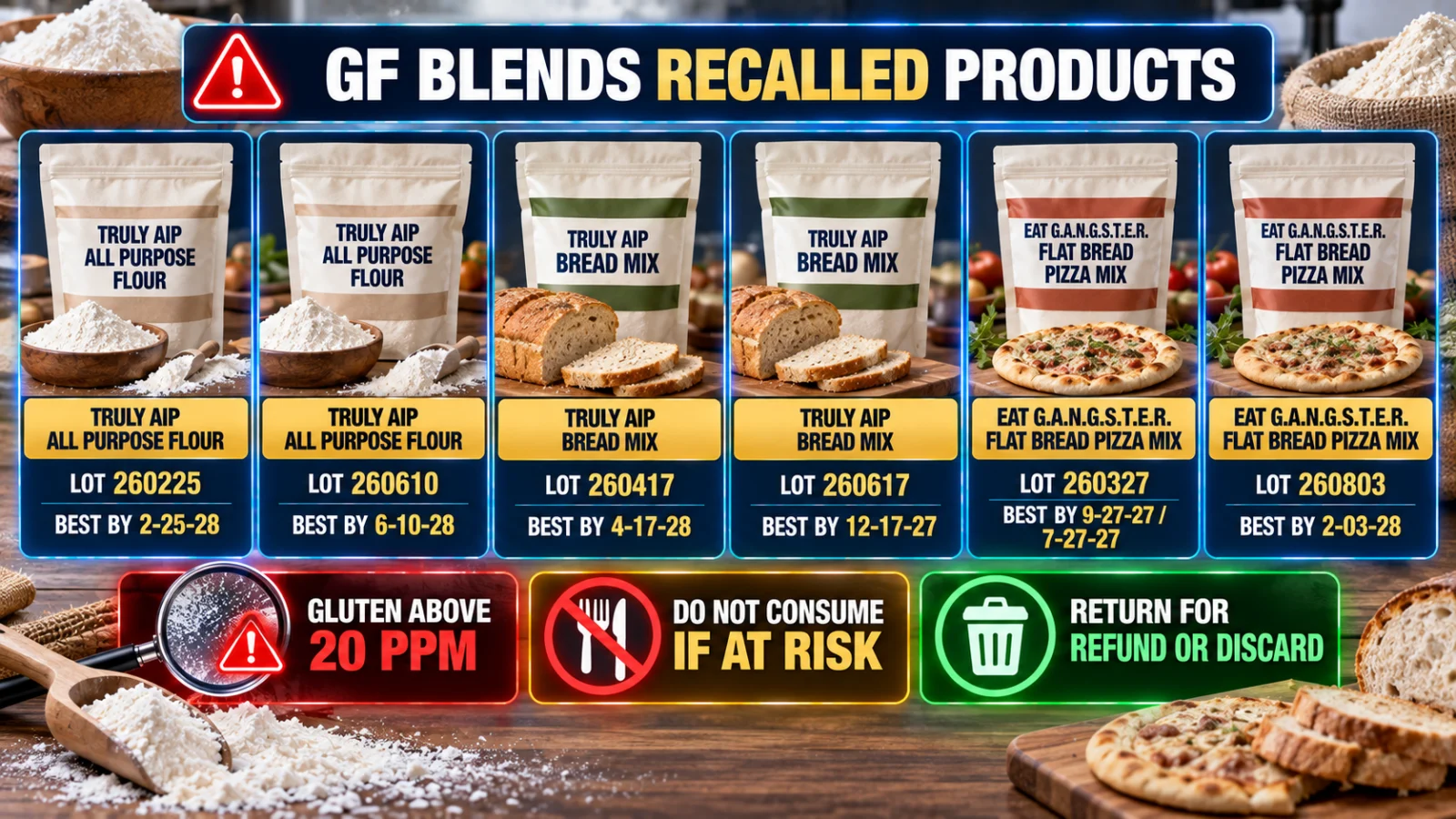 Infographic listing the six recalled Truly AIP and EAT G.A.N.G.S.T.E.R. product lots and best-by dates