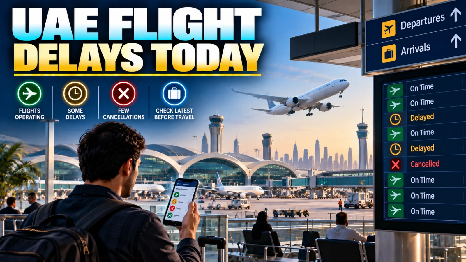 Traveller verifying a Dubai or Abu Dhabi flight during current delays and cancellations