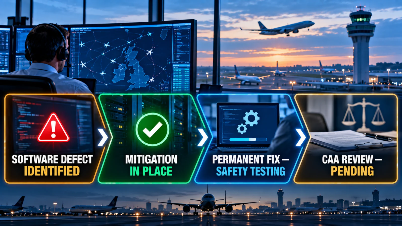 Infographic showing the NATS outage sequence from software defect to mitigation, permanent fix testing and CAA review