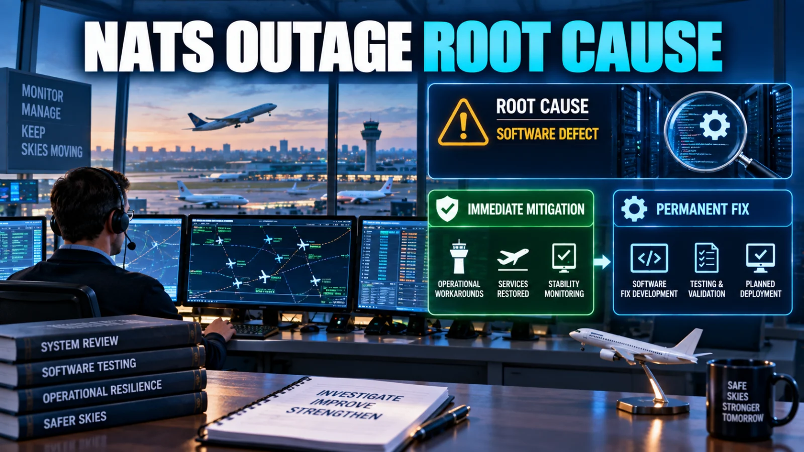 UK air traffic control software-defect investigation with mitigation and permanent-fix testing cues