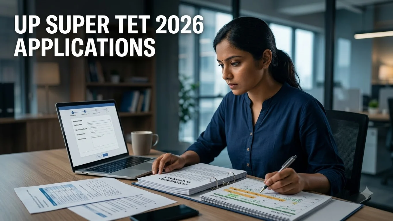 Indian teaching-job applicant reviewing UP Super TET 2026 application documents