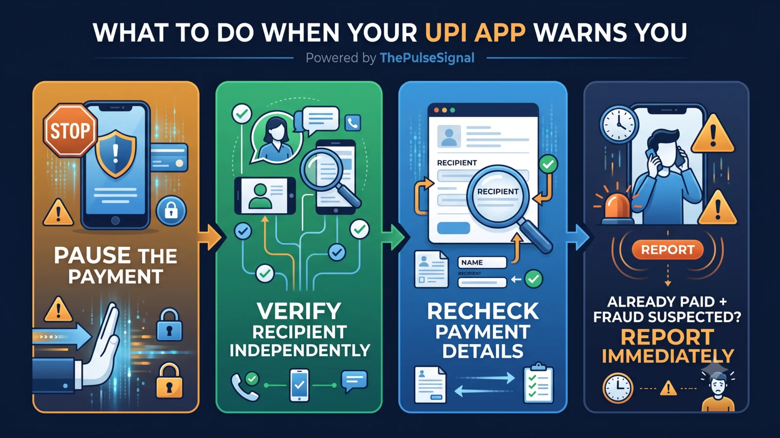 Infographic explaining what to do after a UPI fraud-risk warning on a recipient