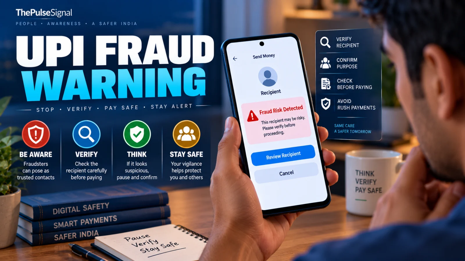Editorial image of a person pausing a UPI payment after a recipient fraud-risk warning
