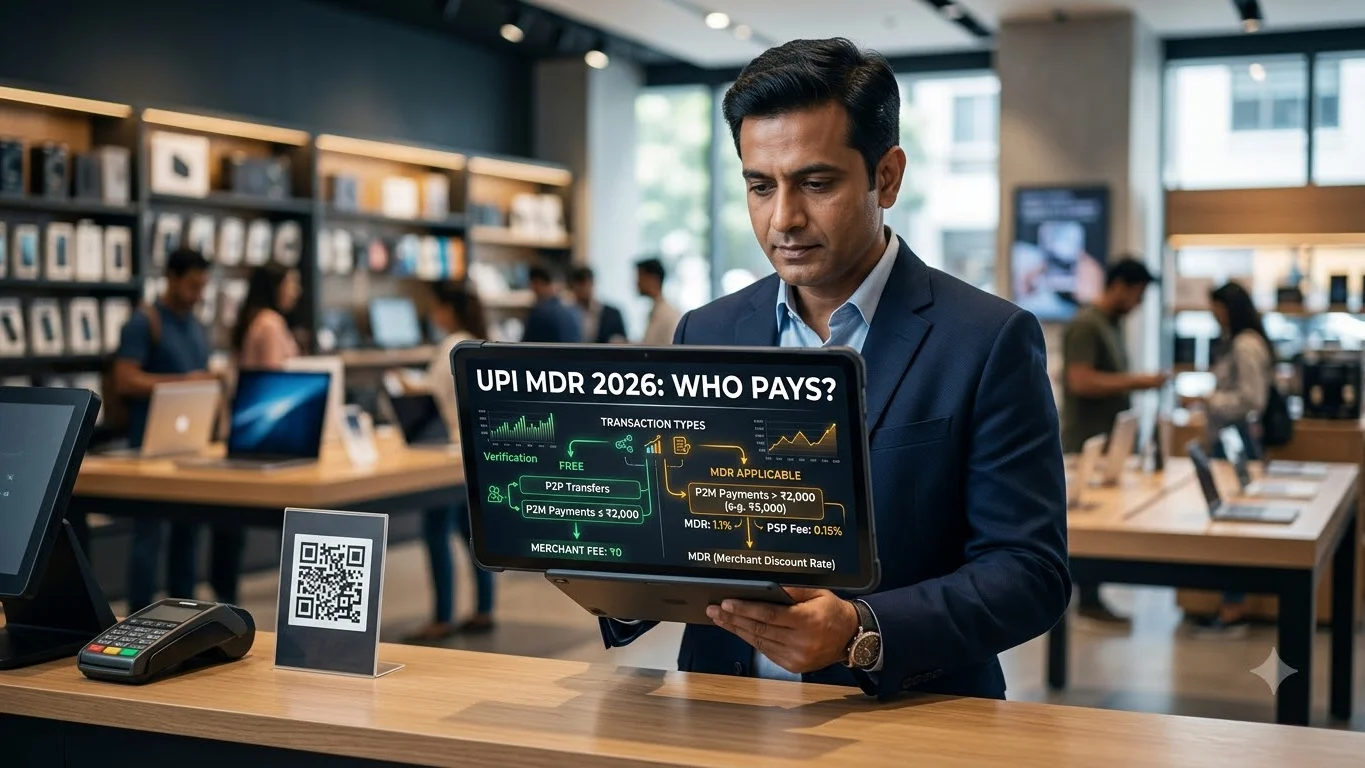 Editorial UPI MDR 2026 illustration showing merchant payments above ₹2,000, special rates and customer protection
