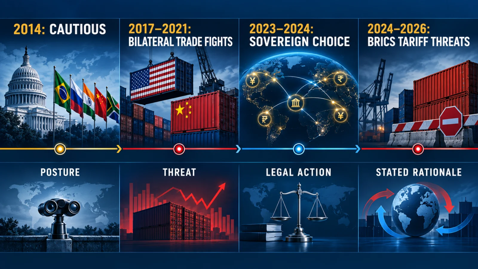 Timeline infographic comparing US policy toward BRICS from cautious engagement to Trump tariff threats