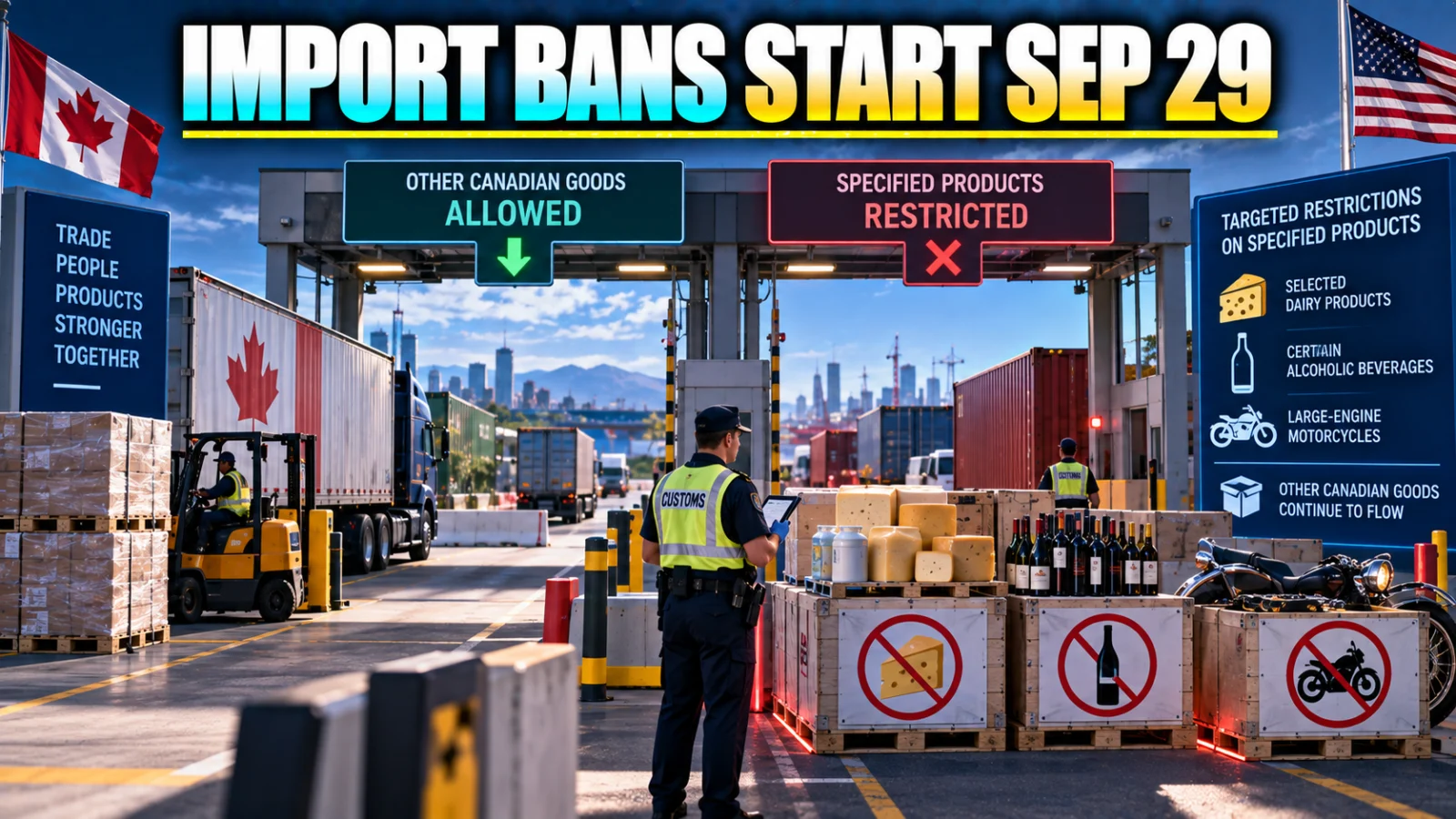 U.S.-Canada freight checkpoint illustration for specified Section 338 import bans starting September 29