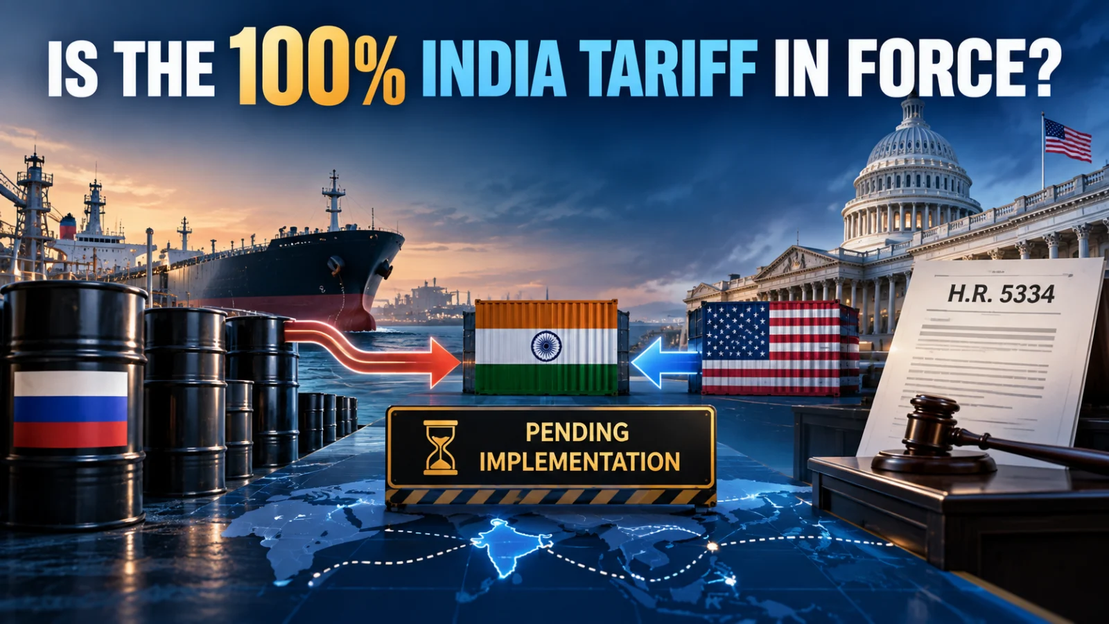 India-US energy trade illustration with a pending tariff decision after Congress passed the Russia sanctions bill