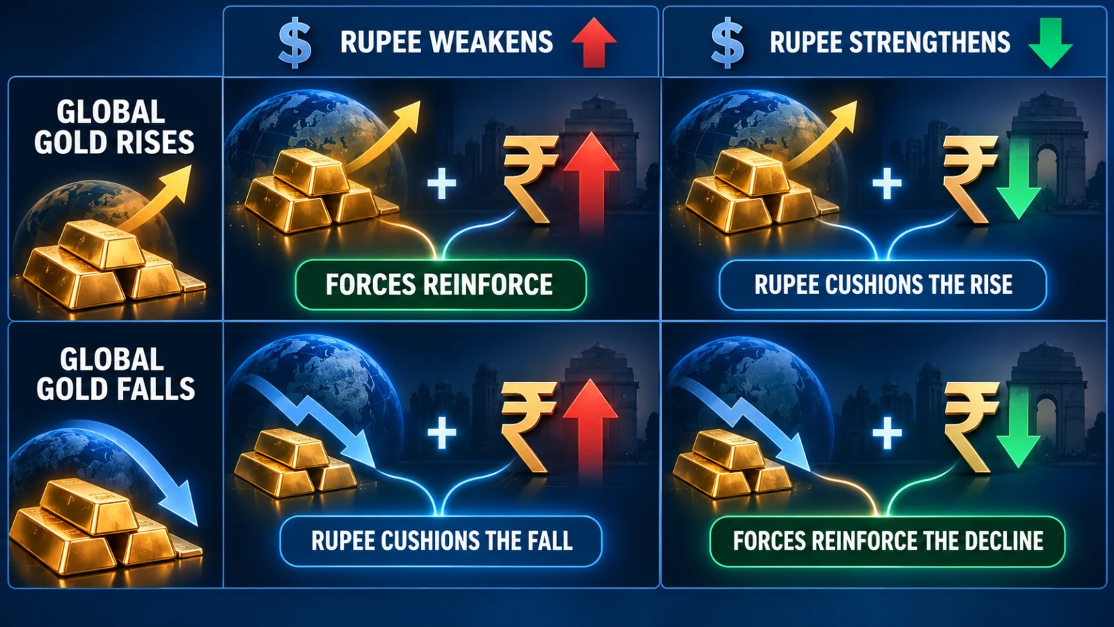 Infographic showing how international gold and USD/INR combine to affect Indian gold prices