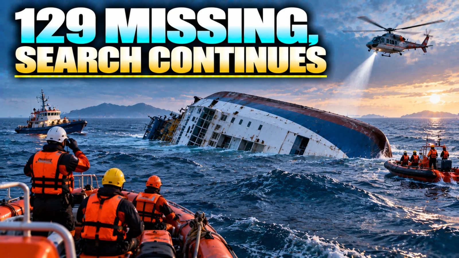 Editorial maritime rescue scene showing an overturned ferry and active Java Sea search
