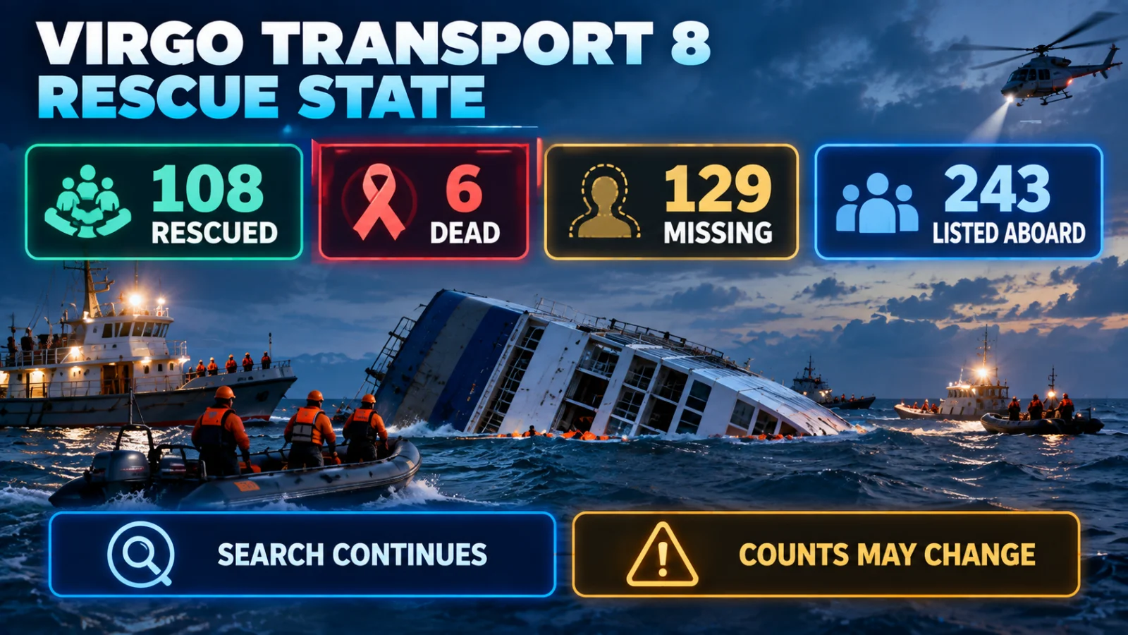 Infographic showing the latest reported Virgo Transport 8 rescue, death and missing-person counts