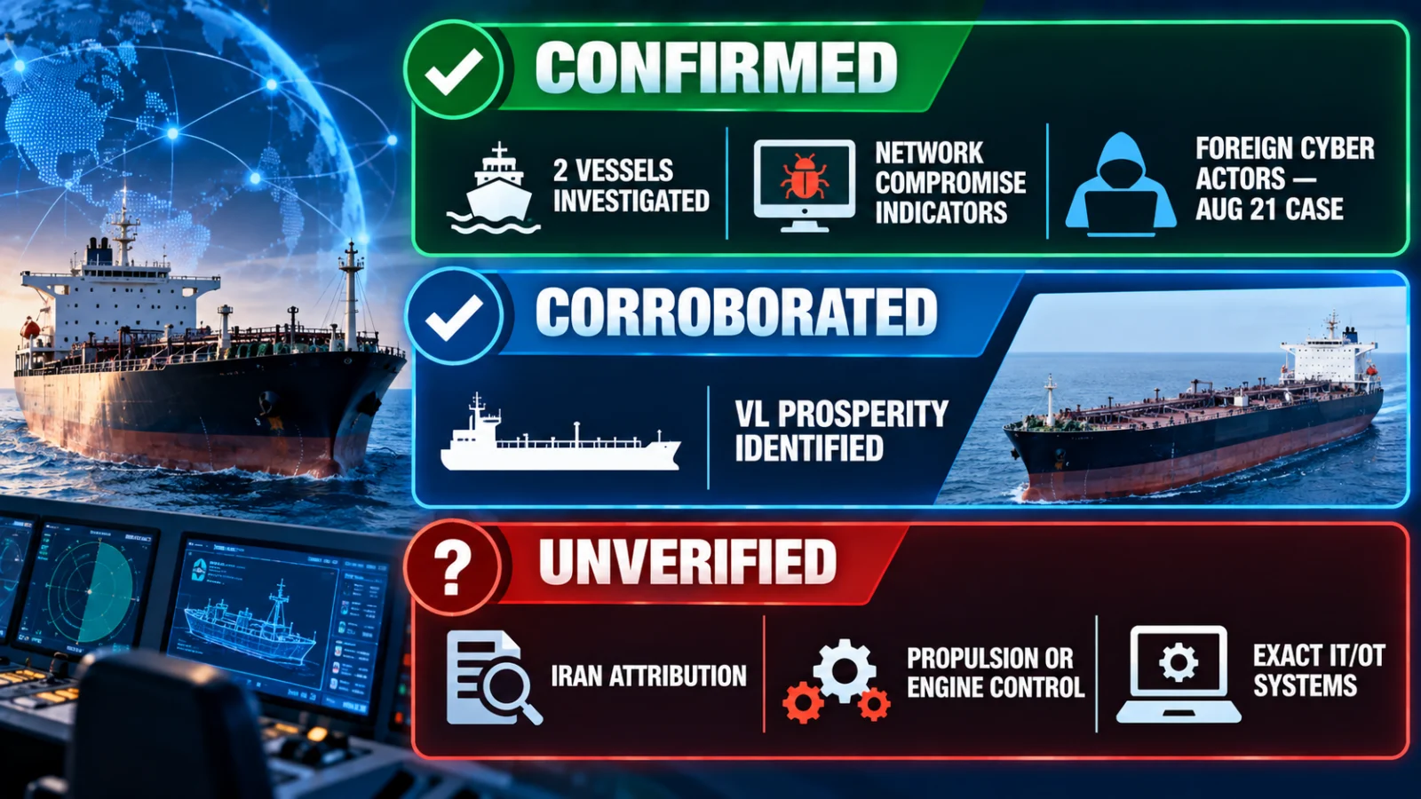 Infographic separating confirmed, reported and unverified claims in the VL Prosperity cyber investigation