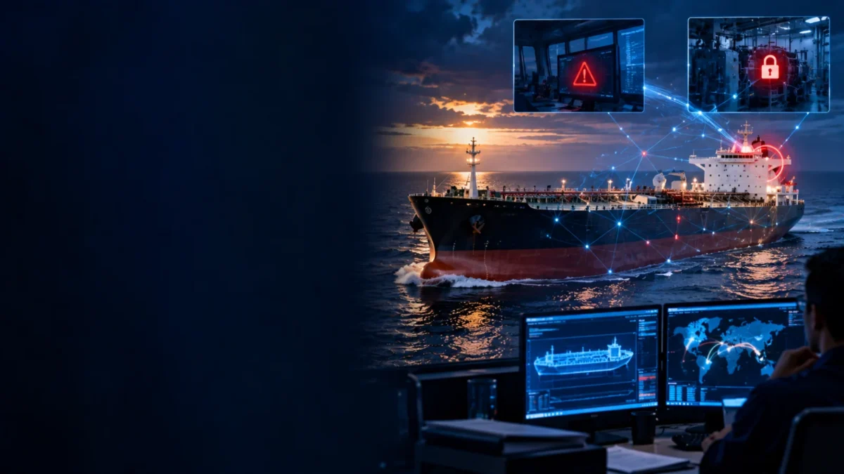 Commercial tanker at sea with maritime network-compromise and cybersecurity investigation cues