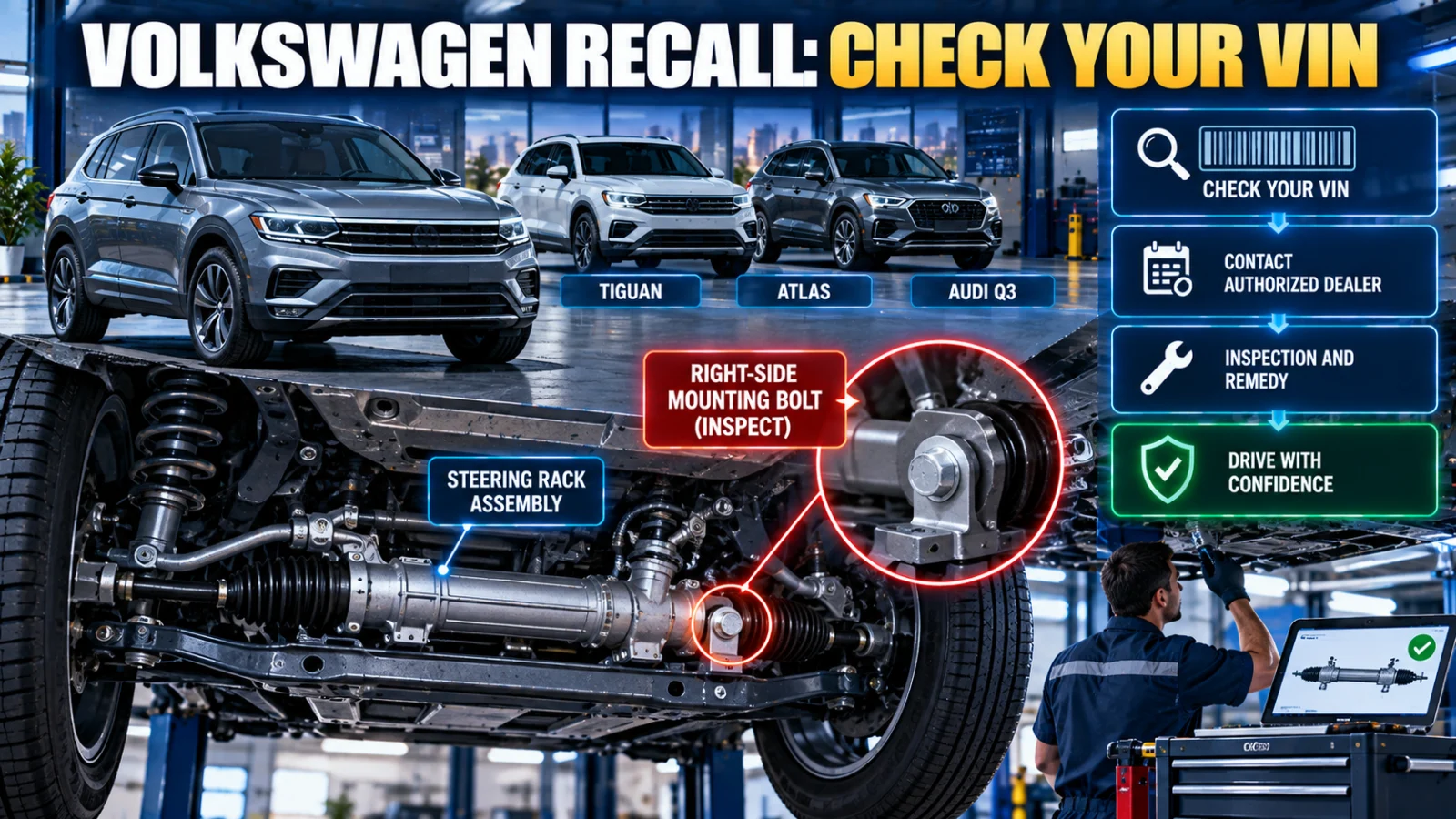 SUV steering-rack mounting bolt highlighted during a safety recall inspection