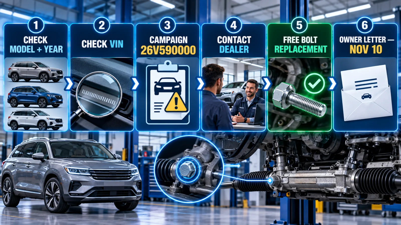 Infographic showing how owners check a VIN and complete the Volkswagen steering-rack bolt recall repair