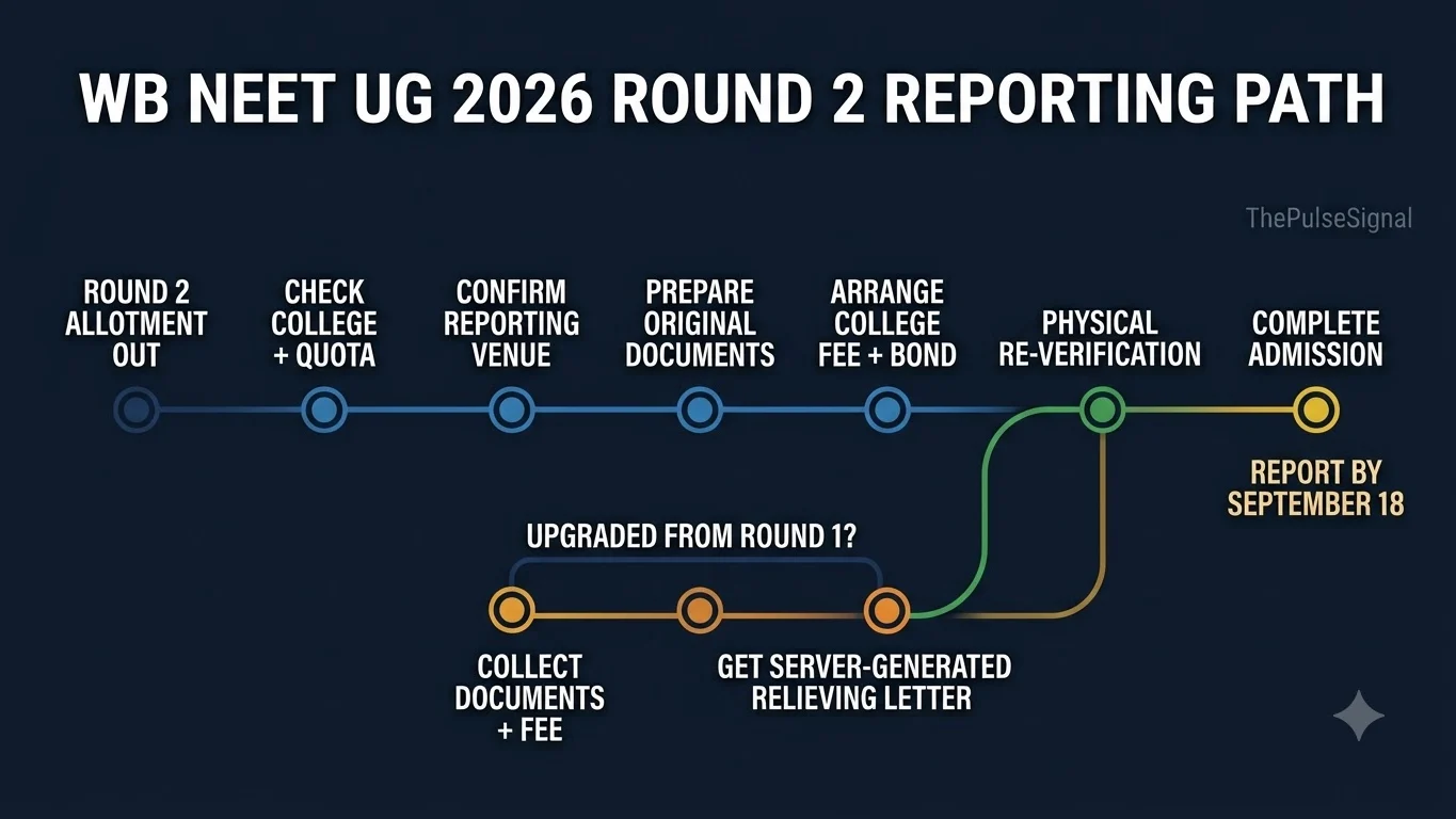 Infographic showing the WB NEET UG Round 2 path from allotment result to reporting, verification and admission