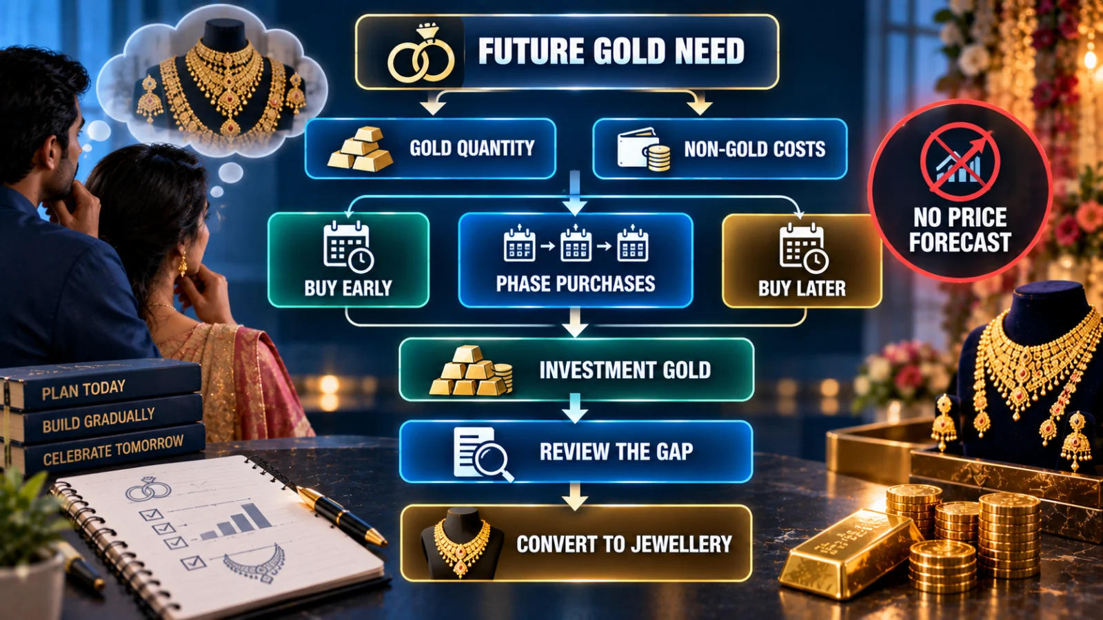 Infographic showing a wedding gold goal moving from future gold need through timing choice, accumulation and eventual jewellery conversion
