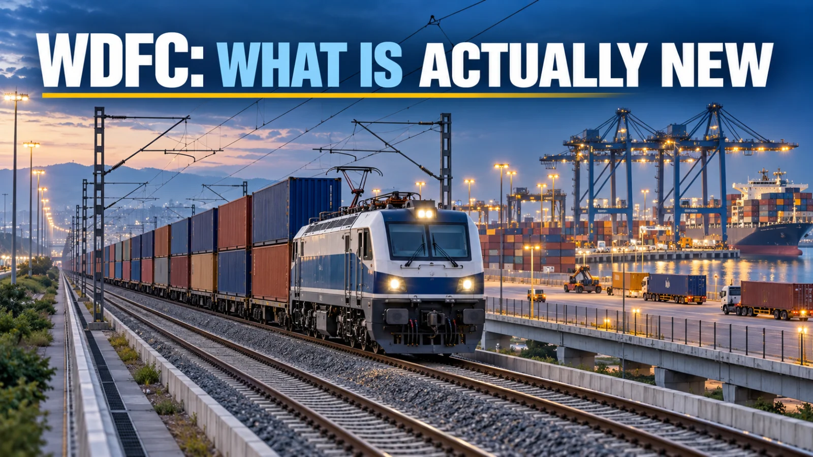 Western Dedicated Freight Corridor freight train approaching container-port infrastructure linked to JNPT