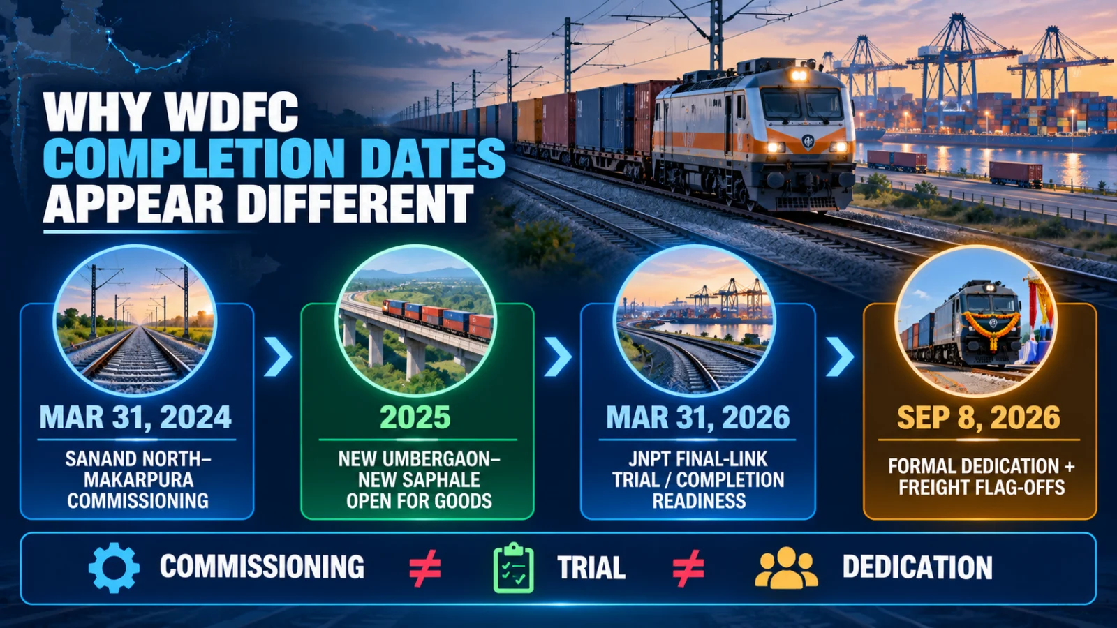 Timeline distinguishing WDFC commissioning, freight opening, final trial completion and September 8 dedication