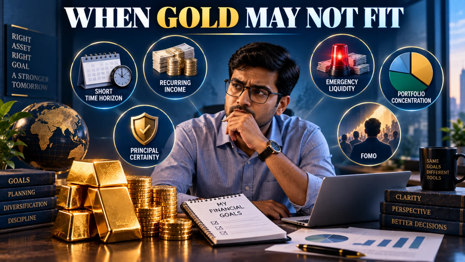 Investor comparing gold with income, liquidity, time horizon and portfolio-risk requirements