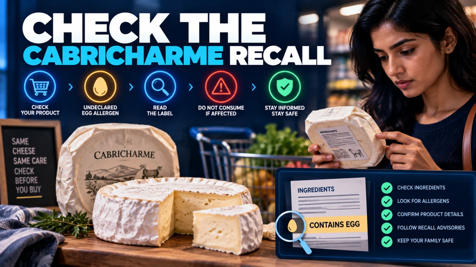 Editorial food recall image showing Cabricharme-style cheese and a package-check scene