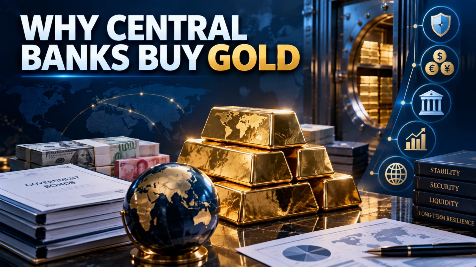 Central-bank reserve strategy illustrated with gold bars, currency reserves and institutional portfolio allocation