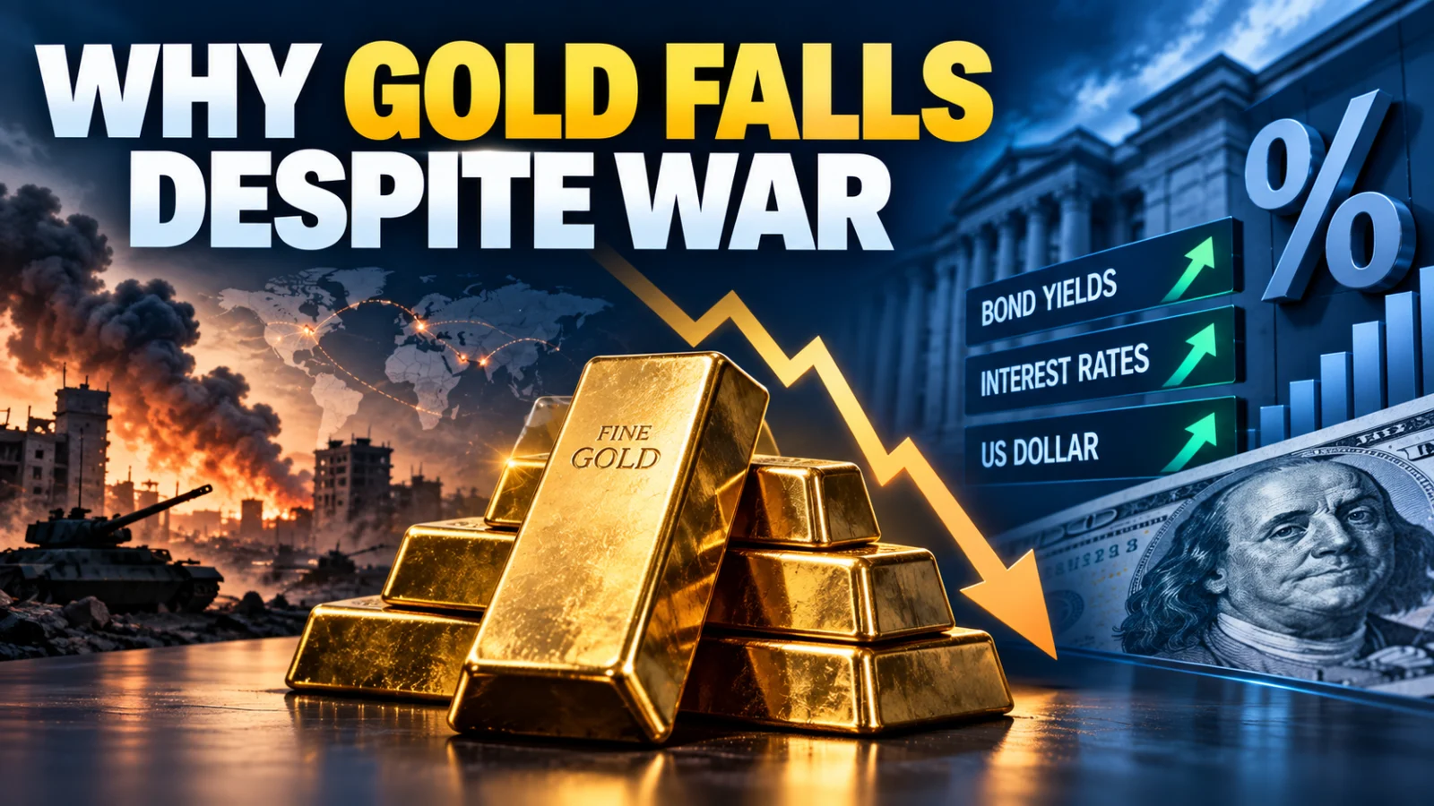 Gold bars beside rising bond-yield and US dollar market indicators during geopolitical uncertainty