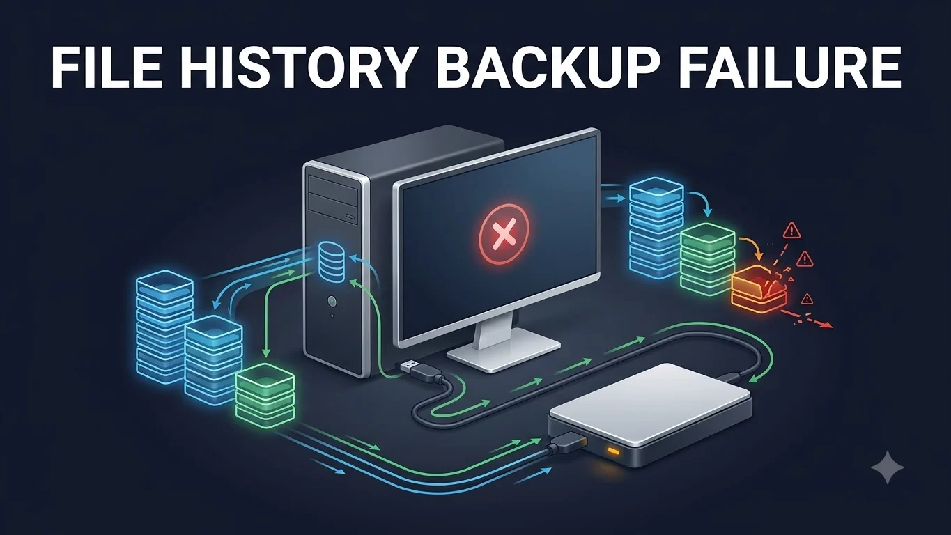Representative connected backup drive and stalled File History timeline illustrating the September Windows regression