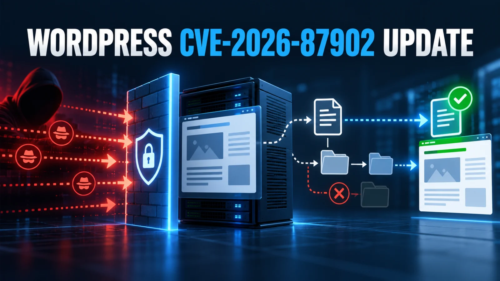 Editorial cybersecurity illustration of a WordPress core vulnerability, active targeting and patched site boundary