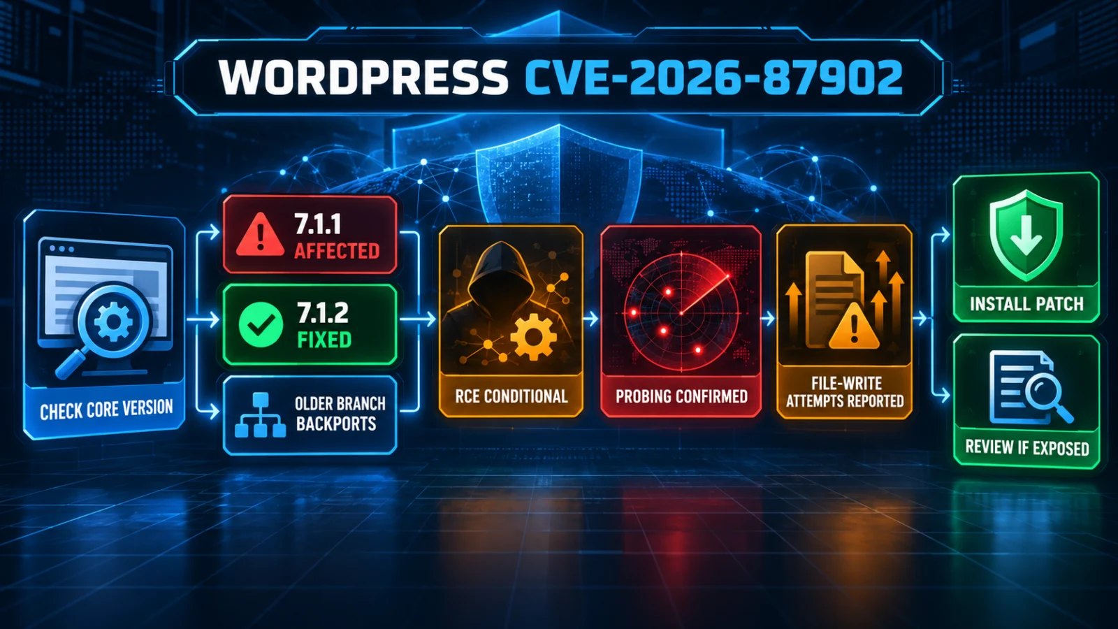 Infographic showing the WordPress CVE-2026-87902 response path from version check to patching and compromise review