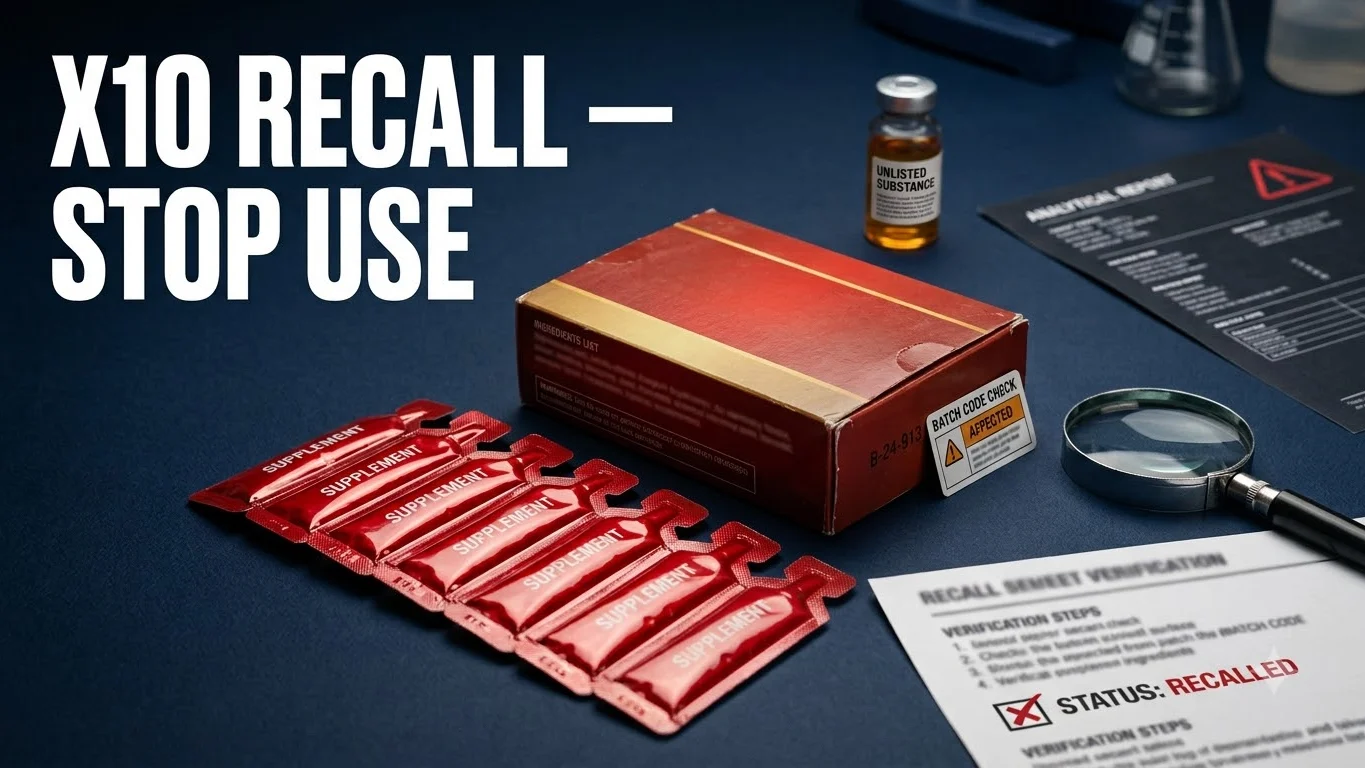Consumer recall illustration of a generic supplement package and sachets linked to the X10 Natural Enhancement recall