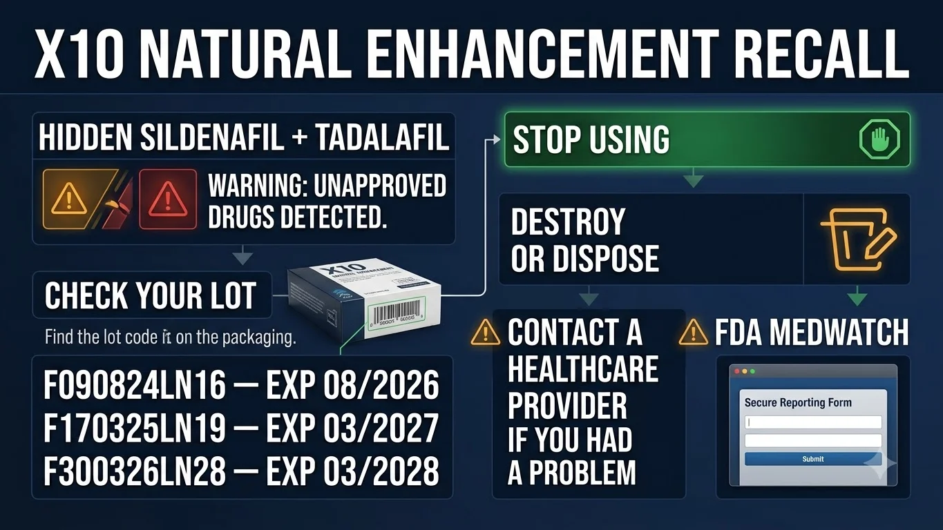 Infographic showing the three recalled X10 lots, stop-use action and hidden sildenafil and tadalafil risk