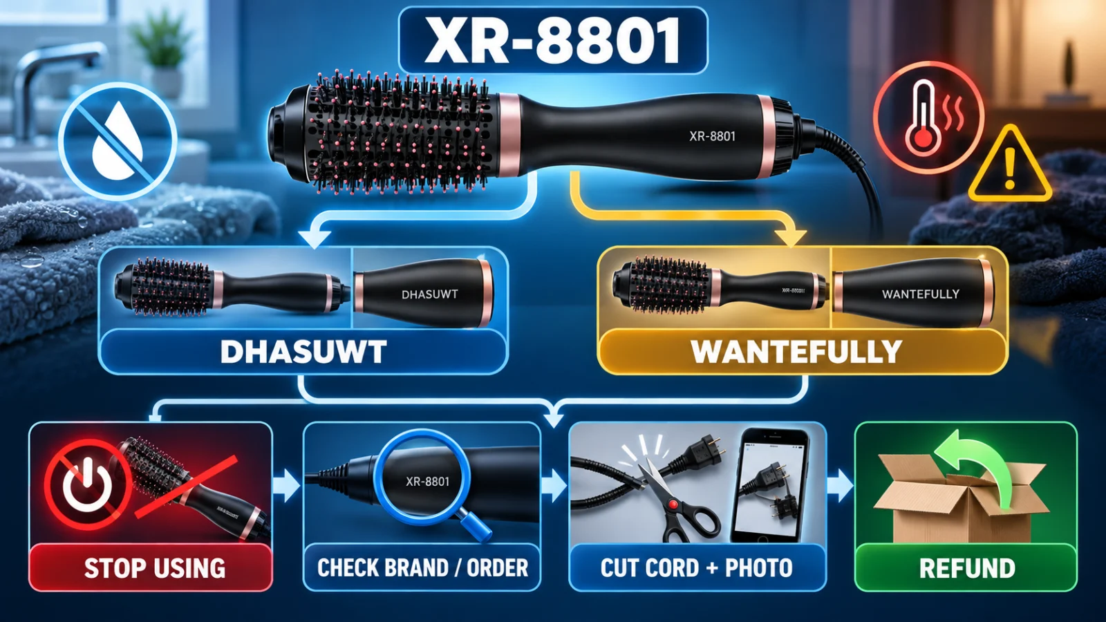 XR-8801 recall comparison showing DHASUWT and Wantefully verification and refund paths