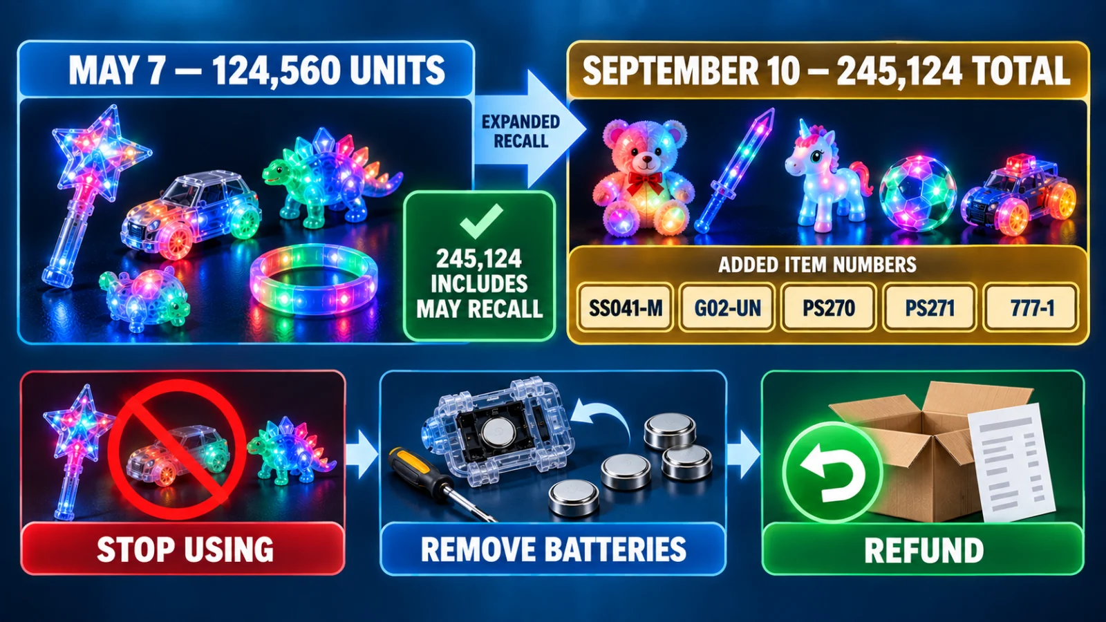 Infographic comparing the May and September ZMC toy recall scope and five added item numbers